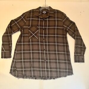 One 24 Rags Gray Plaid Frayed Hem Button Down Flannel Shirt Womens Large